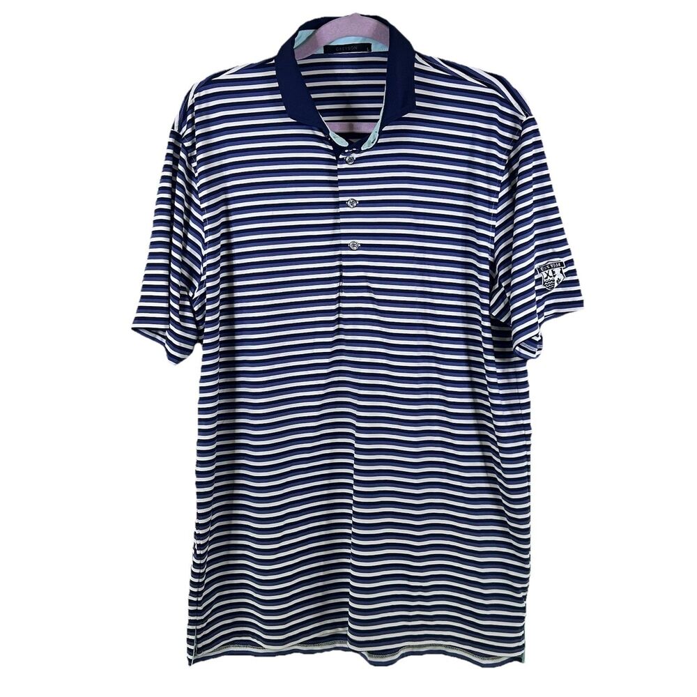 Greyson Shirt Mens Large Stripe Blue Performance Stretch Golf Polo Embroidered